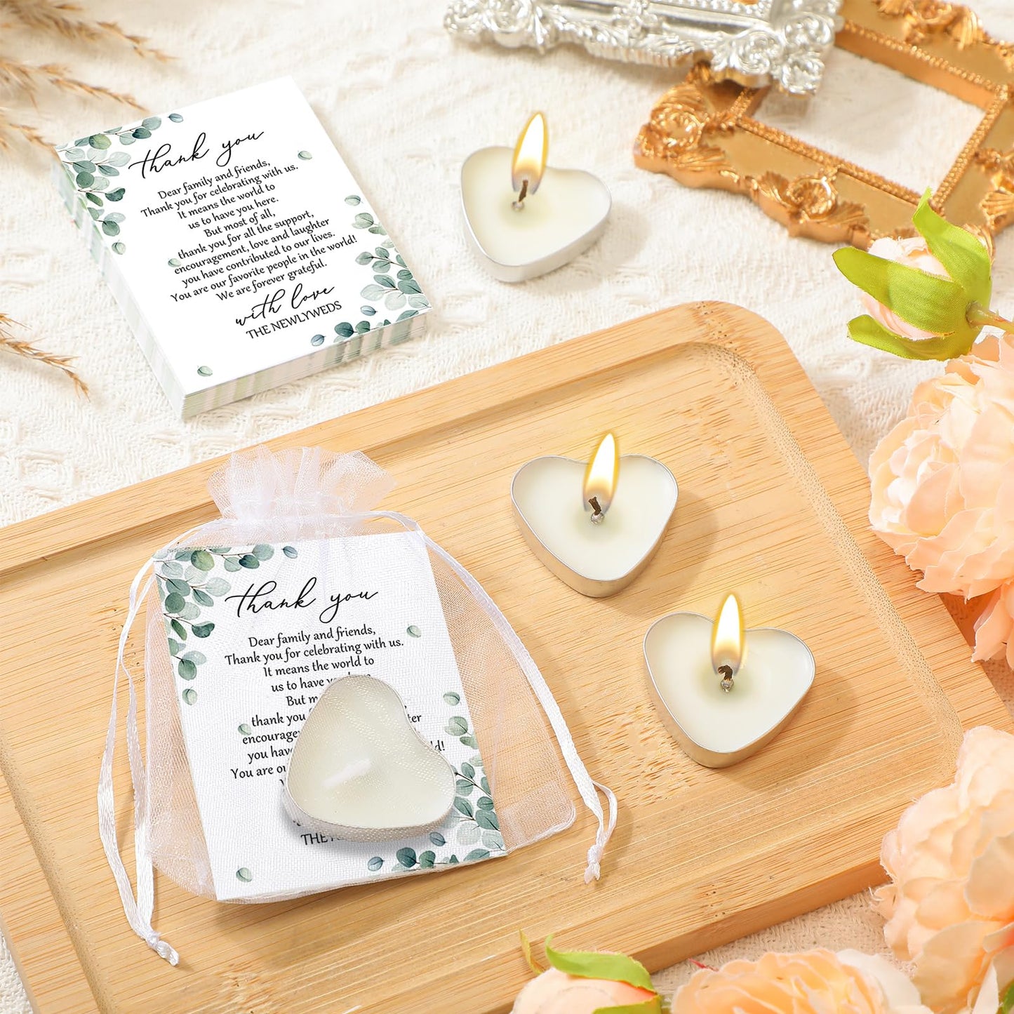 Threlaco 200 Sets Wedding Favors for Guests Bulk Mini Heart Shaped Candles Wedding Party Favors for Guests with Thank You Cards and Organza Bags Bridal Shower Party Souvenir Candle Gifts