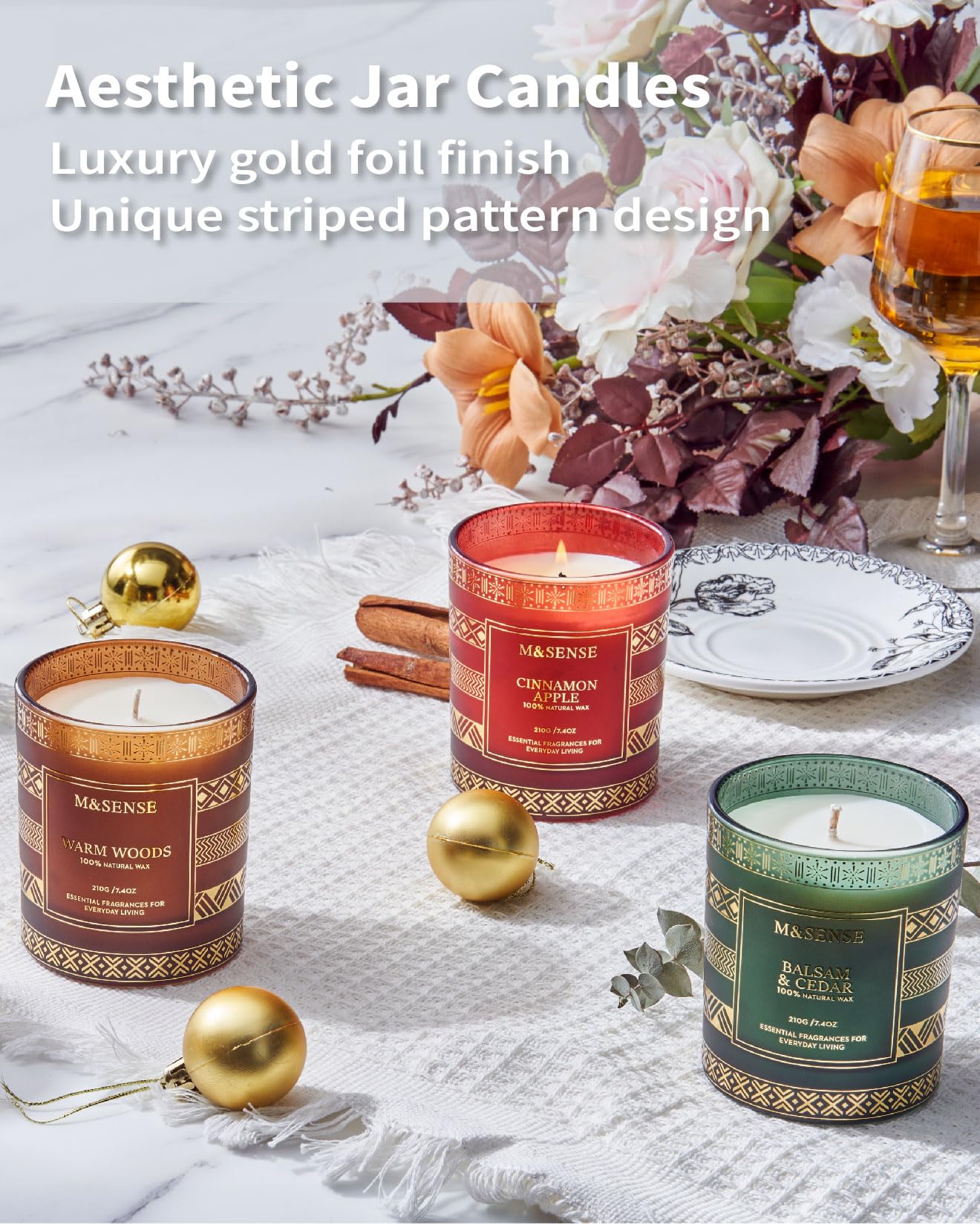 M&SENSE Cinnamon Apple Christmas Soy Candle, Natural Non Toxic 7.4oz 45 Hour Long Burning, Winter Luxury Holiday Candle for Home Scented, New Year Gifts for Men & Women
