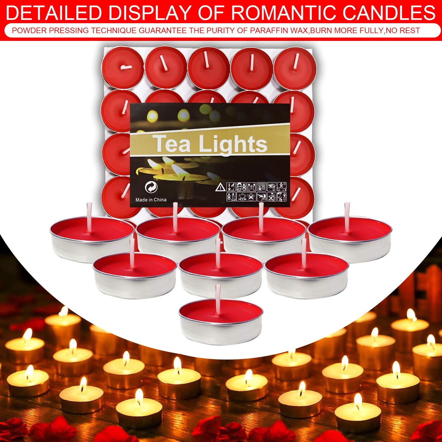 OUO Tea Lights - 50 Pack Smokeless, Dripless & Long Lasting Mini Tealight Candles for Mood, Dinners, Parties, Home Decoration, Wedding, Crafts (Yellow)