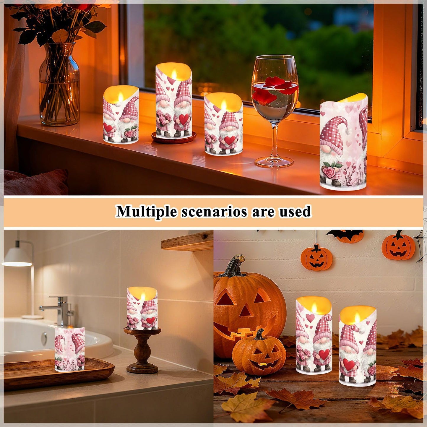 Valentines Day Gnome Pink Rose Flowers Hearts Flameless Candles with Remote Timer,LED Flickering Battery Operated Electric Pillar Tea Light Candles for Wedding Table Christmas Decorations 3" x5.9"