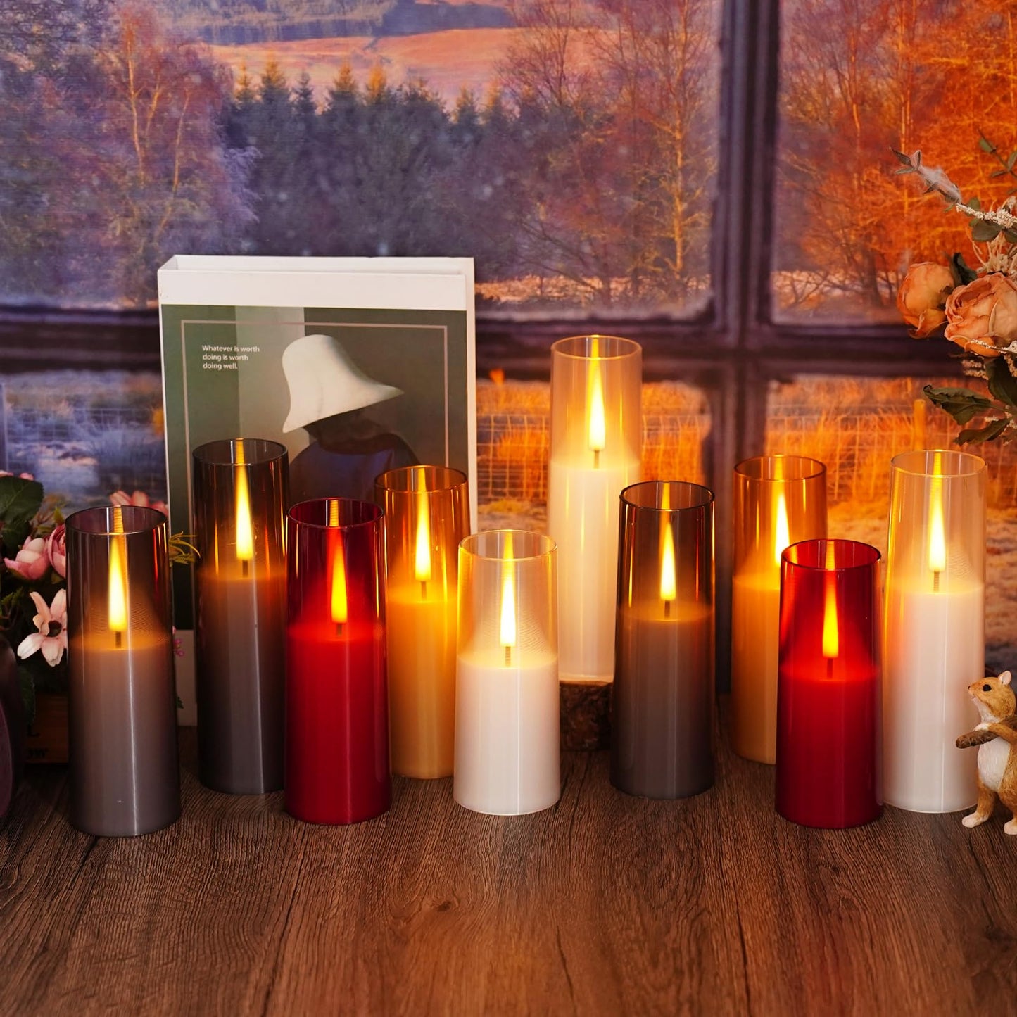 Sasigeiaa Flickering Flameless Candles,Battery Operated, Flameless Candles with Remote, 2/4/6/8 Hour Timer, Realistic Jumping Flame Effect, Perfect for Home Decor, Holiday Decoration Pcs 9 (Grey)