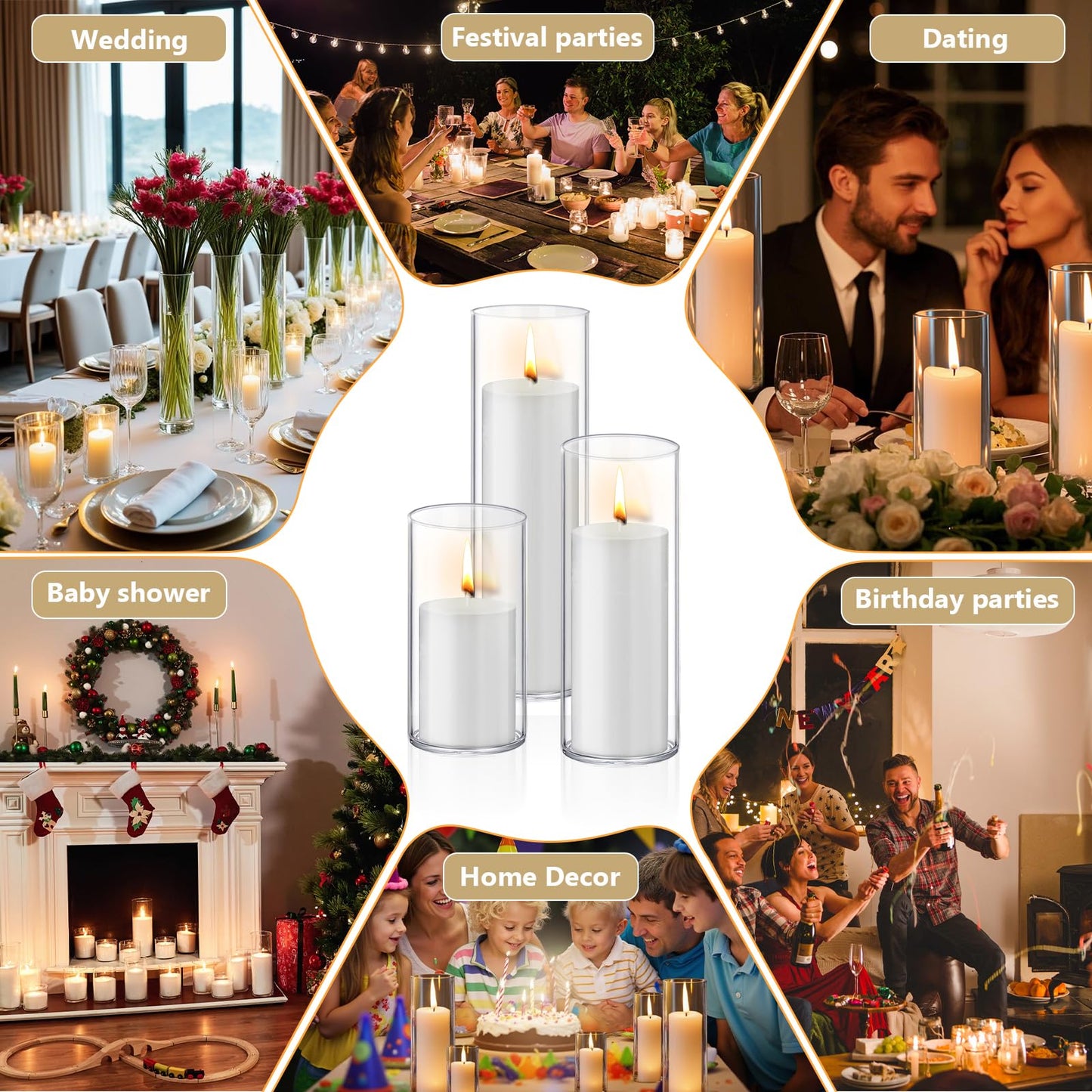 Homjoy 12 PCS White Pillar Candles with Glass Candle Holders Clear Hurricane Candle Holders Glass Cylinder Vases for Centerpieces Wedding Party, Event, Home Office (6 Candles+6 Candle Hoders)