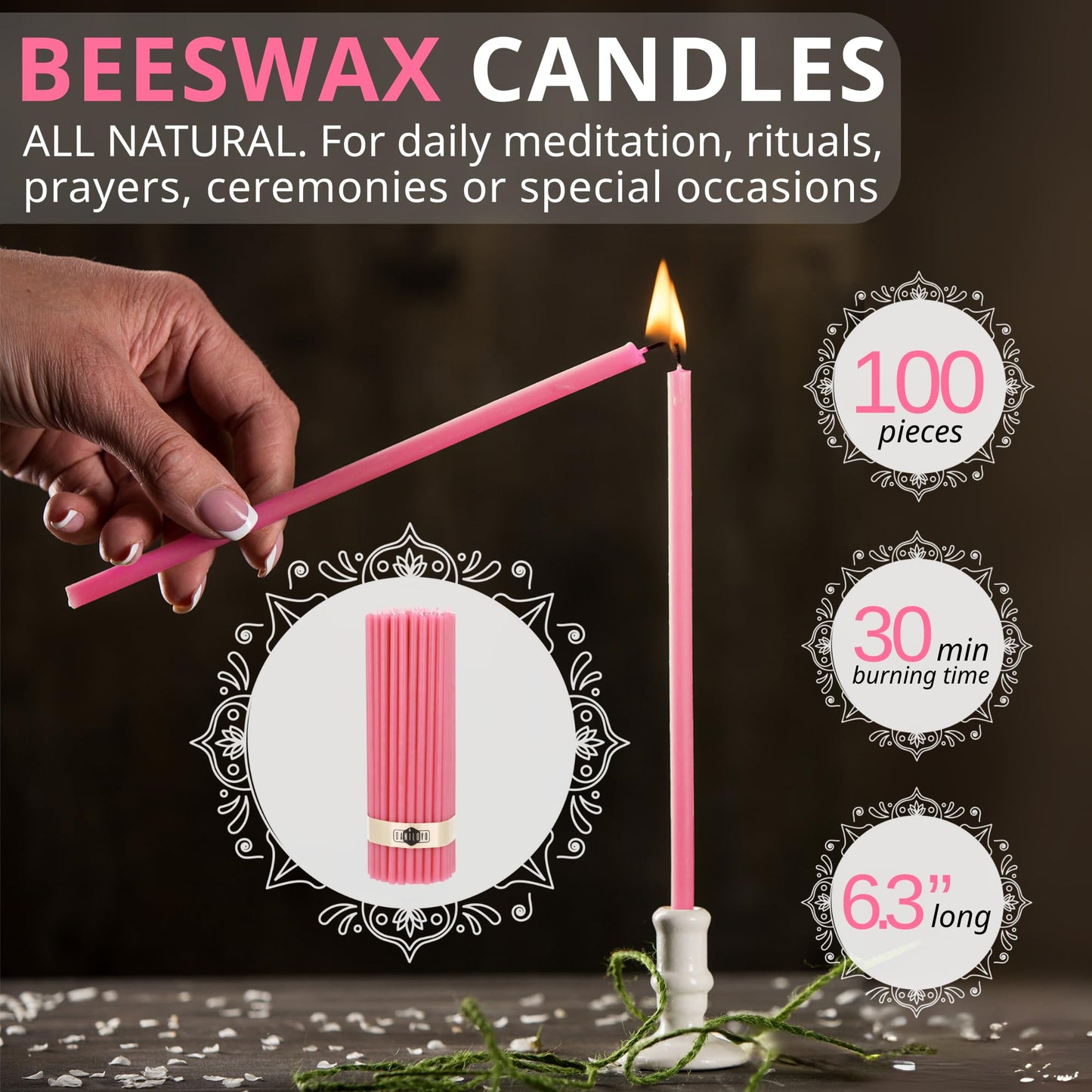 Danilovo Thin Taper Beeswax Candles - No-Drip, Smoke-Less, Tall, Decorative, Honey Scented Candles Ideal for Church Prayer, Rituals, Decor or Birthday – 6.3”x0.2” (Pink, 100pcs)