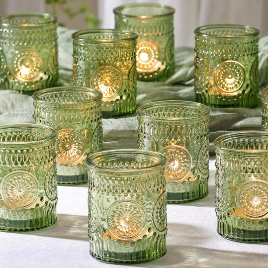 DEVI 24pcs Green Votive Candle Holders for Wedding, Glass Tea Lights Candle Holder, Green Baby Shower St. Patrick's Day Table Decor, Vintage Depression Glass Candle Holders for Table Centerpiece