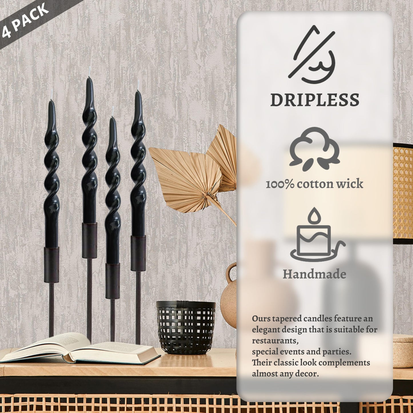 Dripless Unscented Spiral Candles 10 Inch Black Smokeless Long Burning Twist Design Candlesticks for Home Décor Dinner Party Romantic Evenings