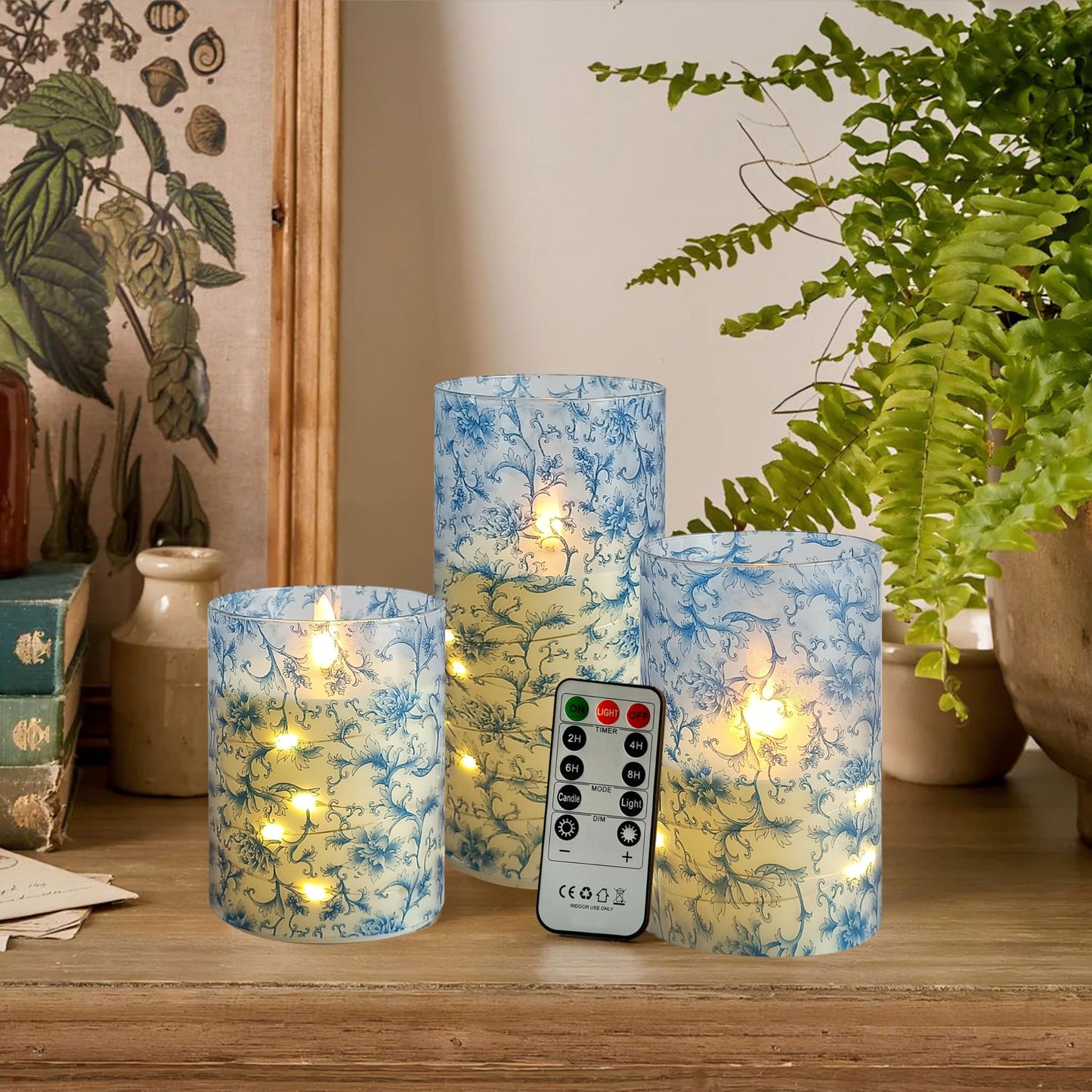 Flickering Flameless Candles Blue Floral Print, Embedded Star String Lights, Battery Operated Acrylic LED Pillar Candles with 11-Key Remote and Timer for Home Decoration, 3 Pack