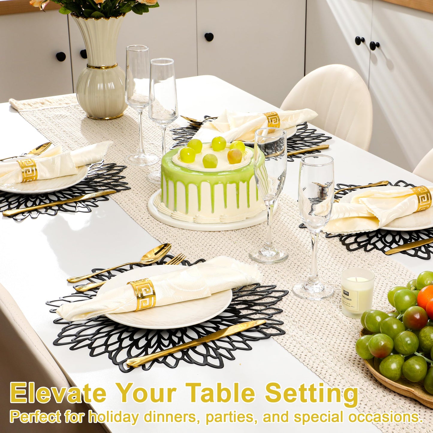 Set of 12 Round Placemats Black, Heat-Resistant PVC Table Mats with Luxury Metallic Glossy Finish for Thanksgiving Christmas Wedding Party Decor, Easy to Clean