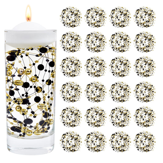 YATOJUZI 30 PCS Artificial Pearl String Black Gold Vase Filler Floating Pearls for Vases Centerpieces Faux Pearl Beads String Decorations Holiday Wedding Anniversary 50th Birthday Party Decor