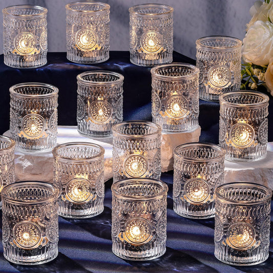 DARJEN Clear Votive Candle Holders Set of 36- Glass Candle Holders Bulk for Tea Light Candle, Embossed Candle Votives for Wedding Centerpiece, Living Room & Home Table Decor