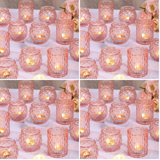DARJEN Pink Votive Candle Holders Set of 24- Round Glass Candle Holders Bulk for Flameless LED Tea Waxes, Romantic Candle Holder for Wedding & Various Parties, Home Table Decor (Pack of 4)