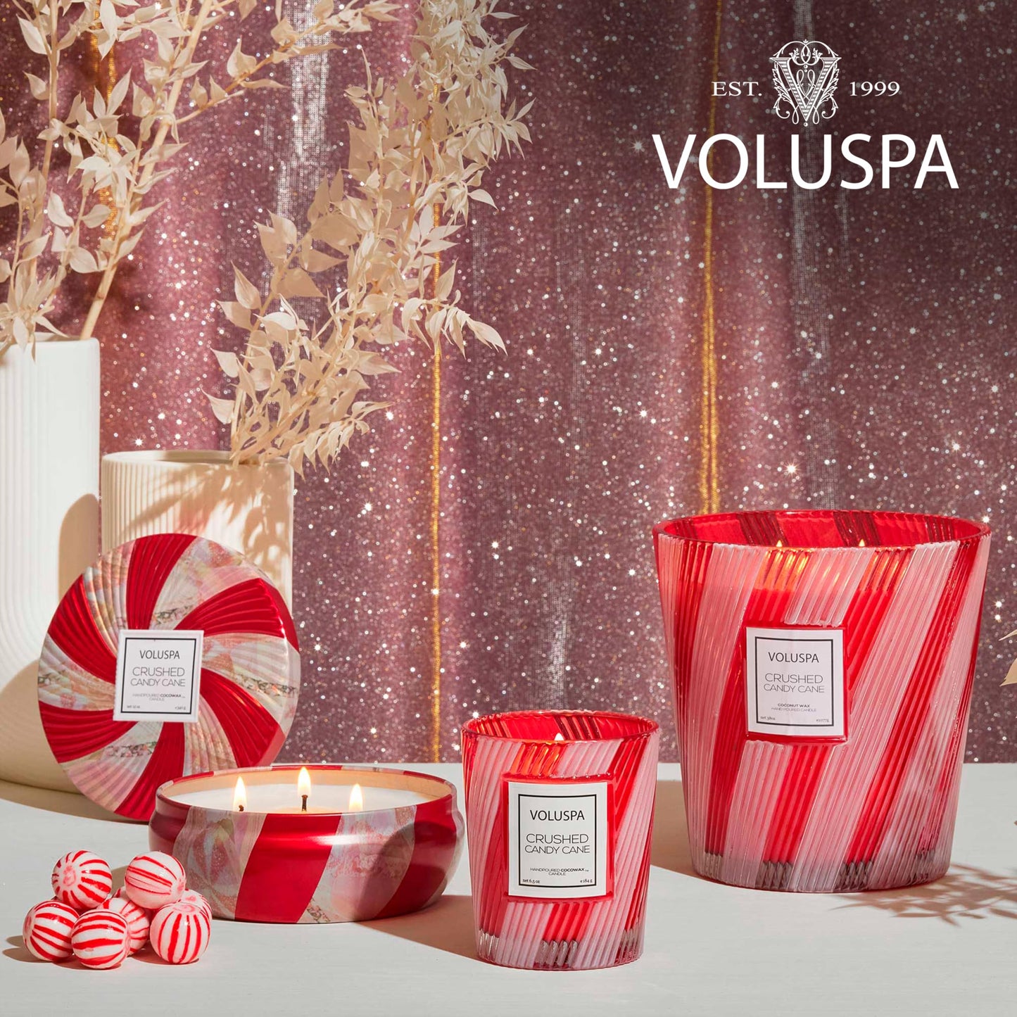 Voluspa Crushed Candy Cane, Large Candle Jar, 18 oz, 100 Hour Burn Time, Coconut Wax for Clean Burning, Handcrafted in the USA