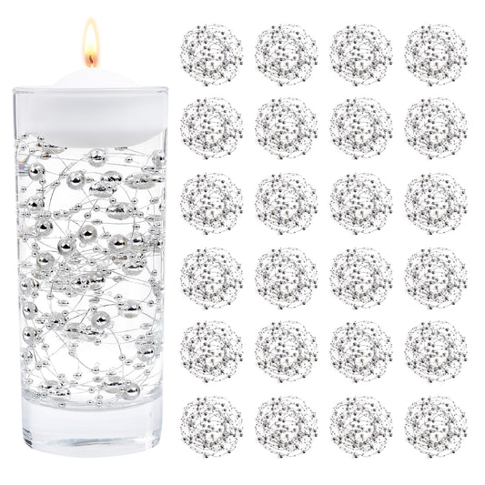 YATOJUZI 30 PCS Artificial Pearl String Silver Vase Filler Floating Pearls for Vases Centerpieces Faux Pearl Beads String Decorations Wedding Holiday Party Decor