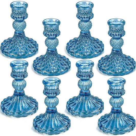Blue Glass Candlestick Holders,Set of 8 Include Taper Candle Holders and Stripe Candle Holders,Two Style for Formal Events, Wedding, Festival,Church, Party & Festival Decoration