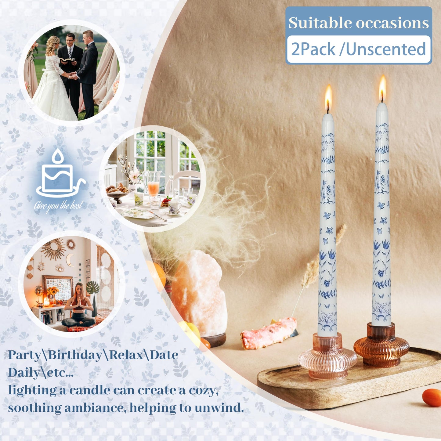 Blue and White Porcelain Candles - Mixed Flowers and Plants Taper Candlesticks 10Inch Handmade Candle Sticks for Home Wedding Party Decor Gifts Set of 2