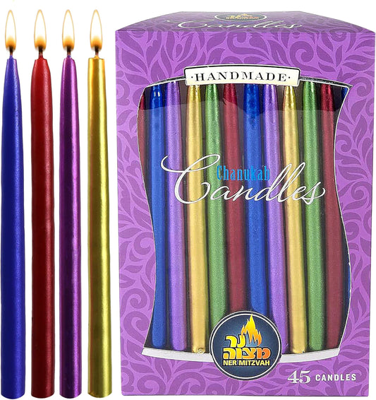 Ner Mitzvah Dripless Chanukah Candles Standard Size, Metallic Multicolored Hanukkah Candles Fits Most Menorahs, Premium Quality Wax for All 8 Nights of Hanukkah - Count 45
