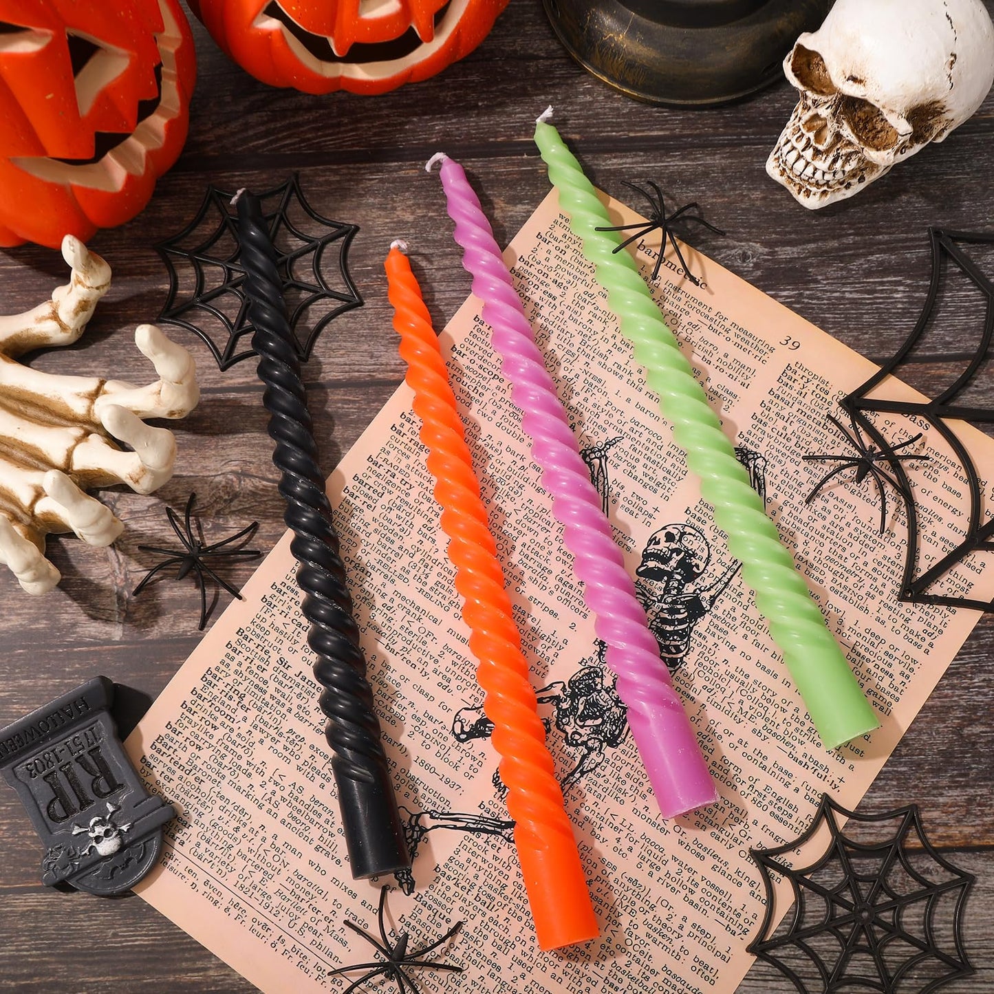 Whaline 8Pcs 10 Inch Halloween Spiral Taper Candles Black Orange Purple Green Dripless Twisted Wax Candles Long Unscented Candle Sticks for Home Party Supplies