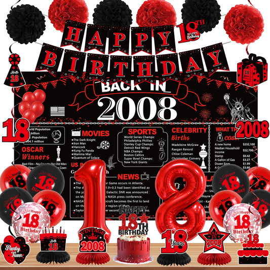 DARUNAXY 18th Birthday Party Decorations for Boys, Black Red Back in 2008 Banner, Red 18 Number Balloons & Cake Topper, Vintage 2008 Sweet 18 Birthday Honeycomb Hanging Swirl Confetti Balloons(30PC)